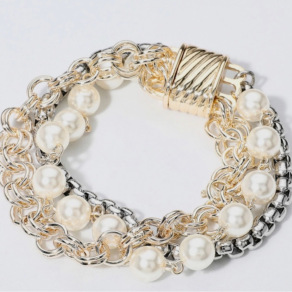 Gold and Silver Pearl Multi-Chain Bracelet - Women Jewelry